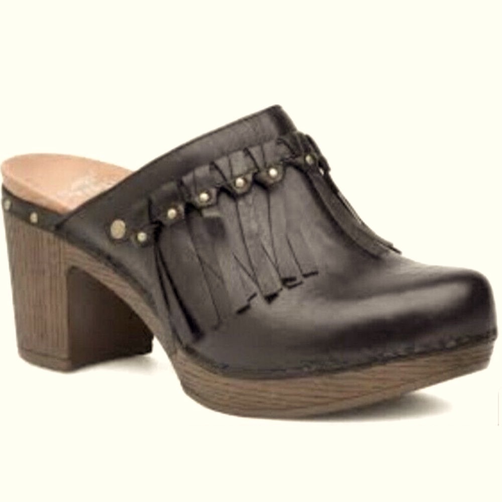DANSKO Deni Fringe Brown Leather Comfort Slip On Mule Heels